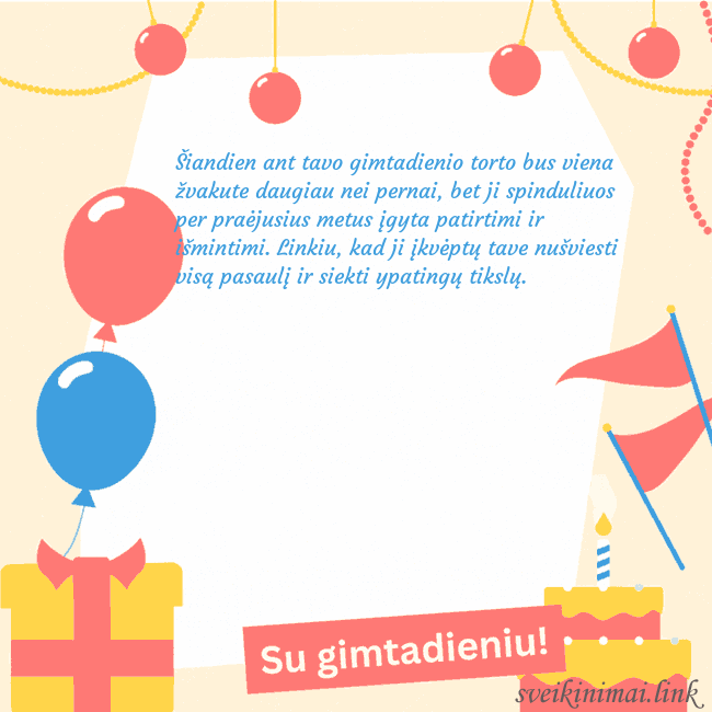 Animuotas gimtadienio atvirukas su tortu Šiandien ant tavo gimtadienio torto bus viena žvak Animuotas gimtadienio atvirukas su tortu