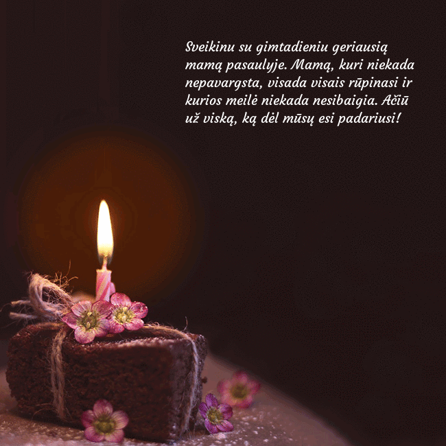 Animuotas gimtadienio atvirukas su tortu ir degančia žvakute Sveikinu su gimtadieniu geriausią mamą pasaulyje. Animuotas gimtadienio atvirukas su tortu ir degančia žvakute