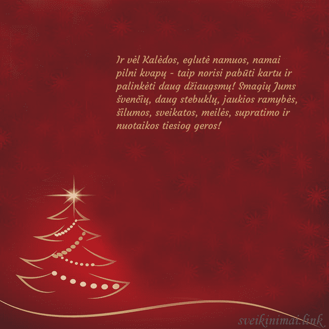 Raudonas kalėdinis atvirukas su auksine eglute Ir vėl Kalėdos, eglutė namuos, namai pilni kvapų - Raudonas kalėdinis atvirukas su auksine eglute