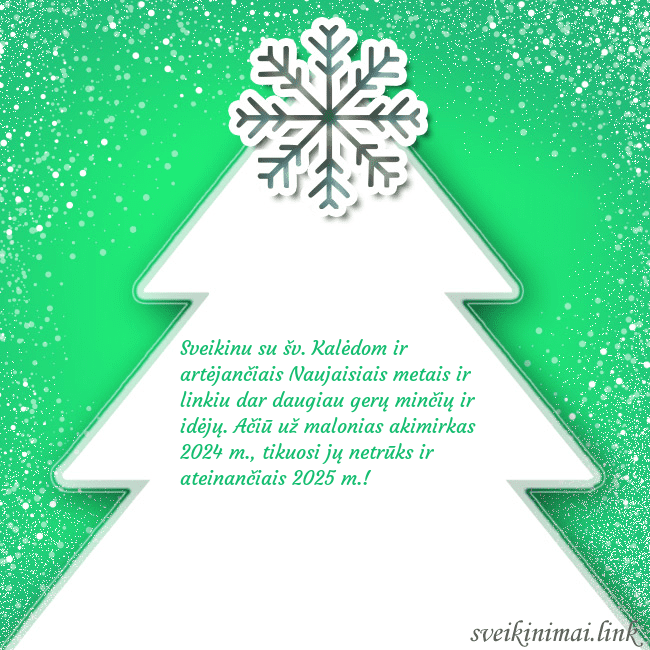Naujametinis atvirukas su balta eglute žaliame fone