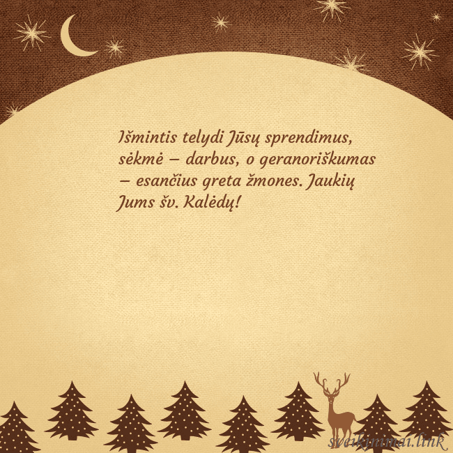 Rudas kalėdinis atvirukas su eglutėmis ir mėnuliu