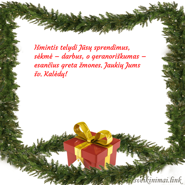 Atvirukas su eglės šakomis ir dovana