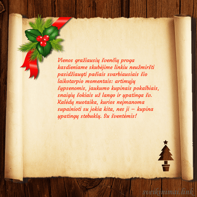 Kalėdinis atvirukas ant medžio ir pergamento Vienos gražiausių švenčių proga kasdieniame skubėj Kalėdinis atvirukas ant medžio ir pergamento