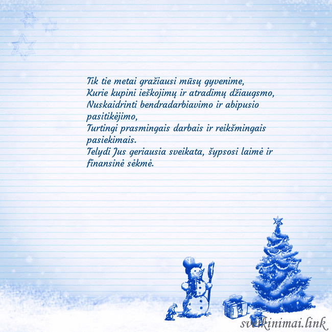 Naujametinis atvirukas su mėlyna eglute ir seniu besmegeniu