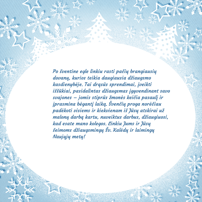 Naujametinis atvirukas su apšerkšnijusiomis eglutėmis ir snaigėmis