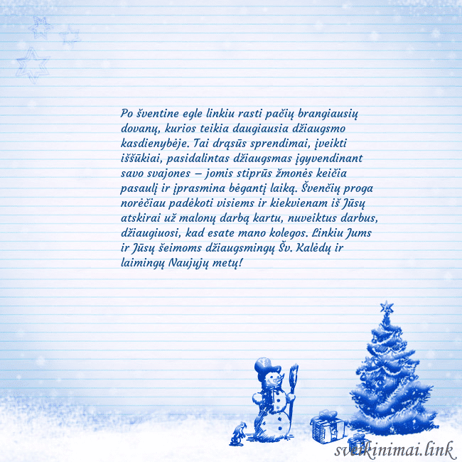 Naujametinis atvirukas su mėlyna eglute ir seniu besmegeniu