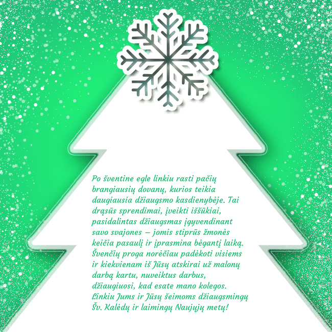 Naujametinis atvirukas su balta eglute žaliame fone