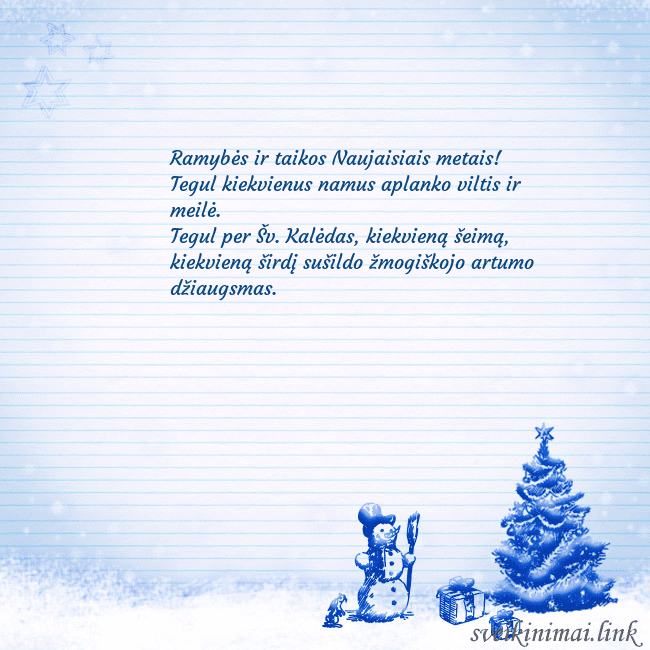 Naujametinis atvirukas su mėlyna eglute ir seniu besmegeniu Ramybės ir taikos Naujaisiais metais!
Tegul kiekv Naujametinis atvirukas su mėlyna eglute ir seniu besmegeniu