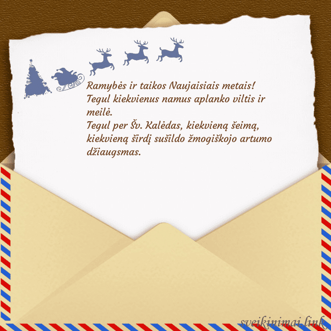 Atvirukas su elniais ir rogėmis Ramybės ir taikos Naujaisiais metais!
Tegul kiekv Atvirukas su elniais ir rogėmis