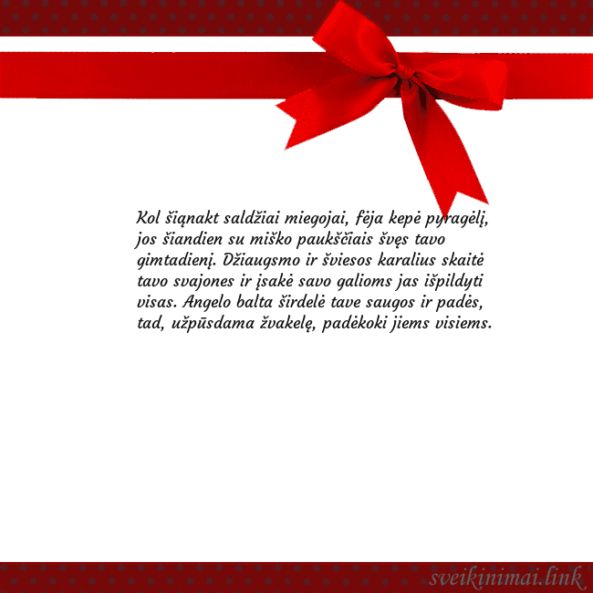 Sveikinimo atvirukas su raudonu kaspinėliu Kol šiąnakt saldžiai miegojai, fėja kepė pyragėlį, Sveikinimo atvirukas su raudonu kaspinėliu