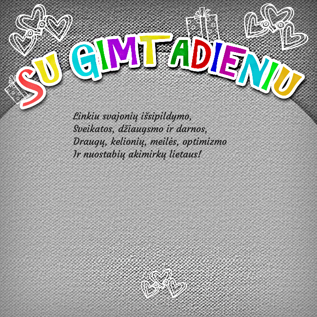 Gimtadienio atvirukas su spalvotu užrašu Su gimtadieniu