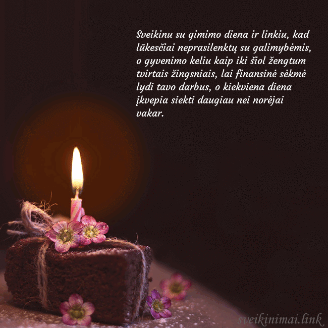 Animuotas gimtadienio atvirukas su tortu ir degančia žvakute
