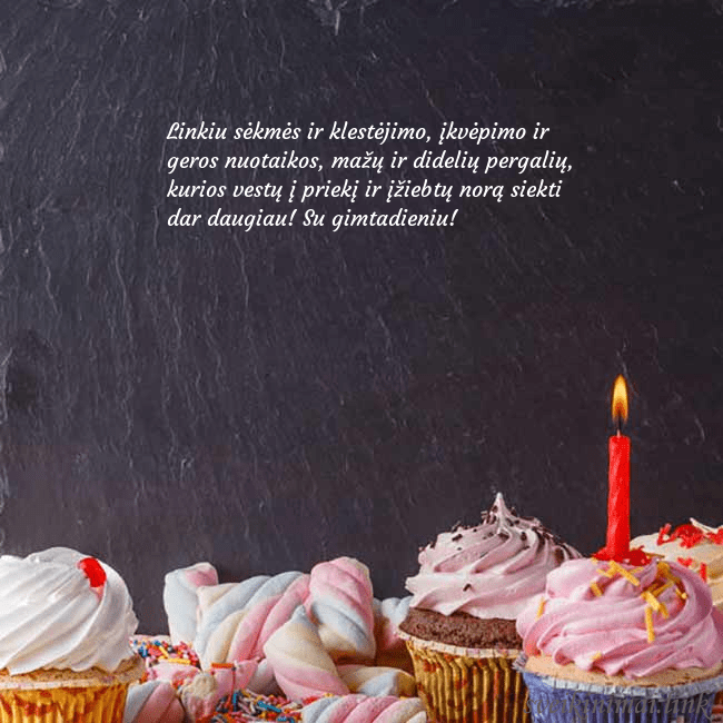 Gimtadienio atvirukas su daug keksiukų ir žvakute Linkiu sėkmės ir klestėjimo, įkvėpimo ir geros nuo Gimtadienio atvirukas su daug keksiukų ir žvakute