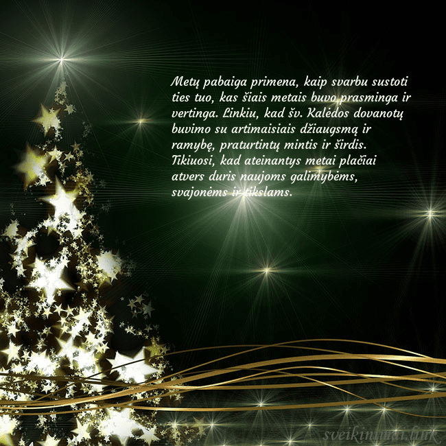 Žalias kalėdinis atvirukas su auksu spindinčia eglute