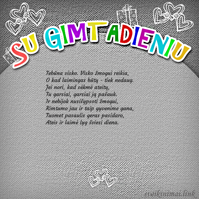 Gimtadienio atvirukas su spalvotu užrašu Su gimtadieniu