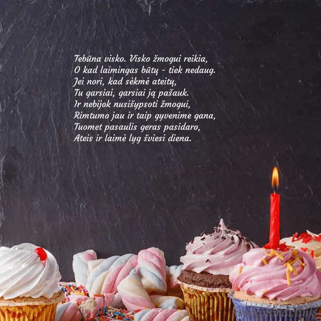 Gimtadienio atvirukas su daug keksiukų ir žvakute Tebūna visko. Visko žmogui reikia,
O kad laimingas Gimtadienio atvirukas su daug keksiukų ir žvakute
