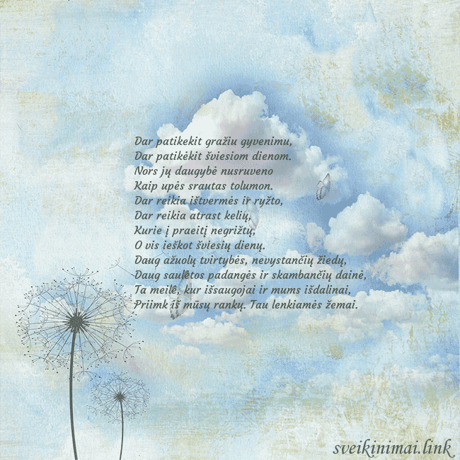 Atvirukas su debesimis, pienės pūkais ir drugeliu