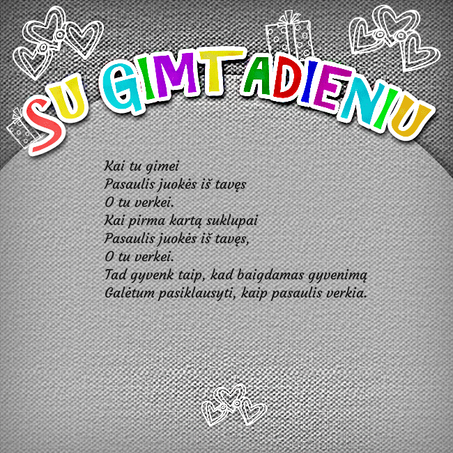 Gimtadienio atvirukas su spalvotu užrašu Su gimtadieniu