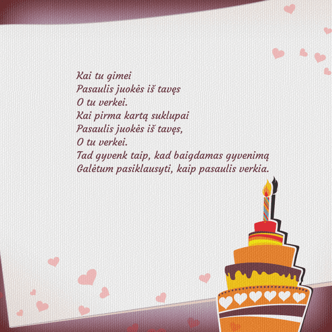Gimtadienio atvirukas su tortu ir viena žvakute