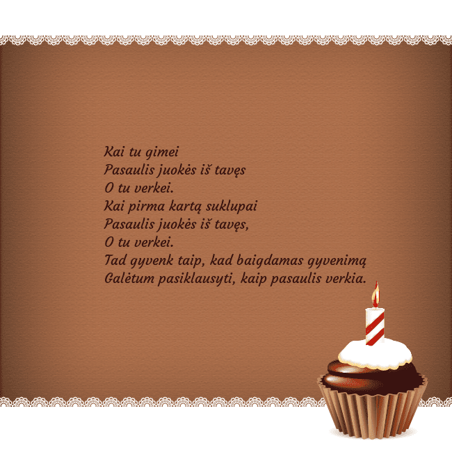 Gimtadienio atvirukas su keksiuku Kai tu gimei
Pasaulis juokės iš tavęs
O tu verkei. Gimtadienio atvirukas su keksiuku