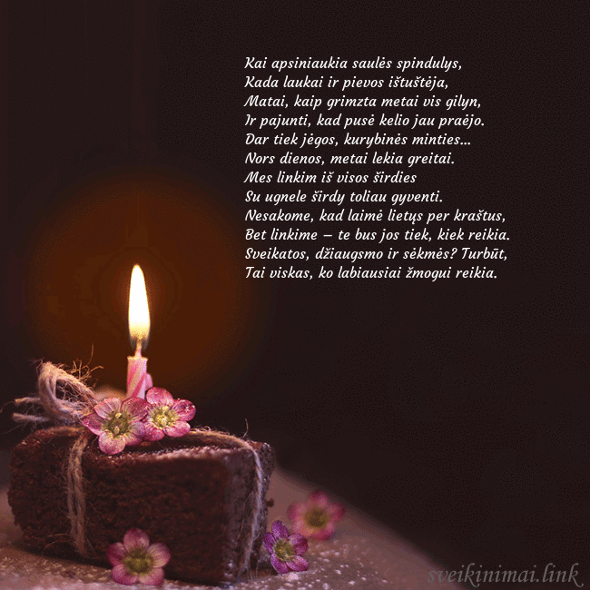 Animuotas gimtadienio atvirukas su tortu ir degančia žvakute