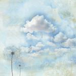 Gimtadienio atvirukai Atvirukas su debesimis, pienės pūkais ir drugeliu